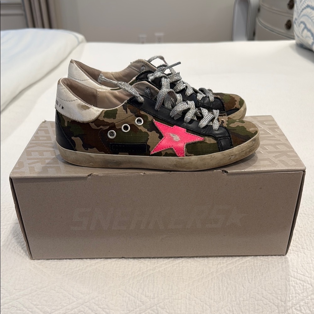 Golden Goose Shoes Camouflage Sneakers With Bright Pink Star Size 35